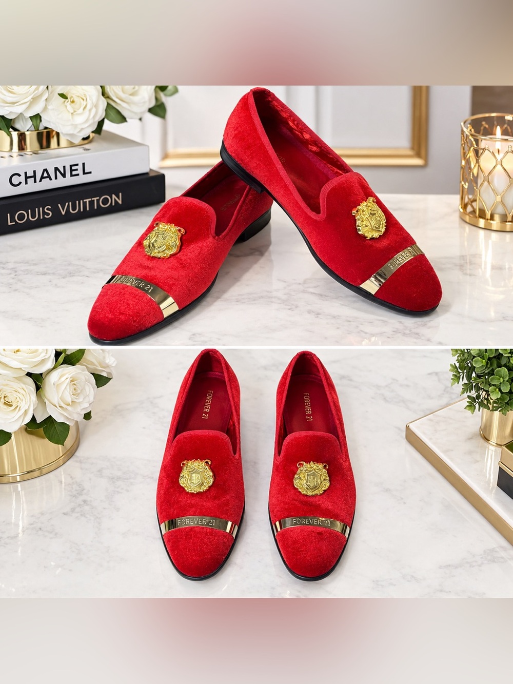 FOEVTRUE Red Velvet Gold Crest Loafers Size 44 👞✨